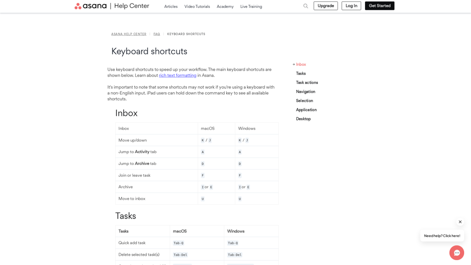 Keyboard shortcuts – Asana Help Center