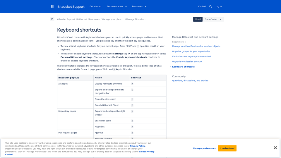 Keyboard shortcuts | Bitbucket Cloud | Atlassian Support