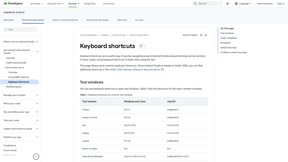 Keyboard shortcuts  |  Android Studio  |  Android Developers