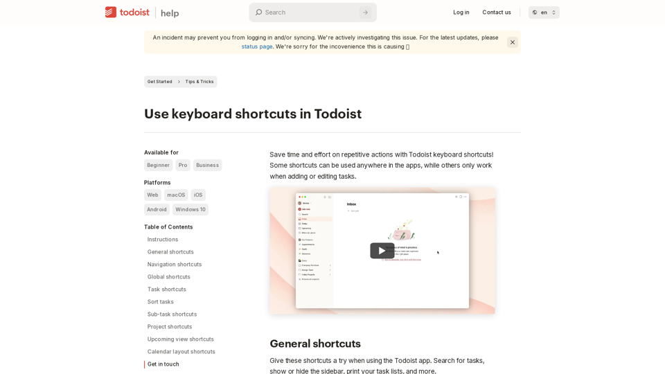 Use keyboard shortcuts in Todoist