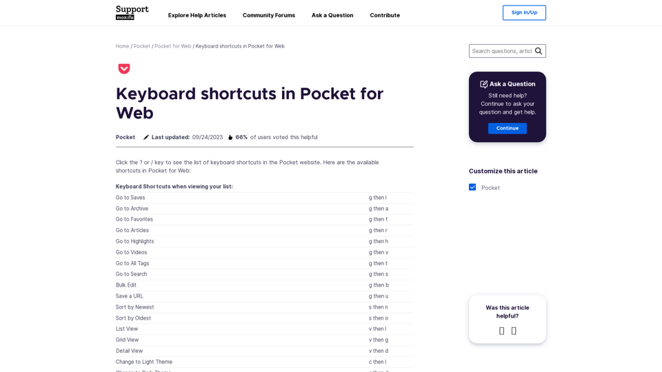 Keyboard shortcuts in Pocket for Web | Pocket Help