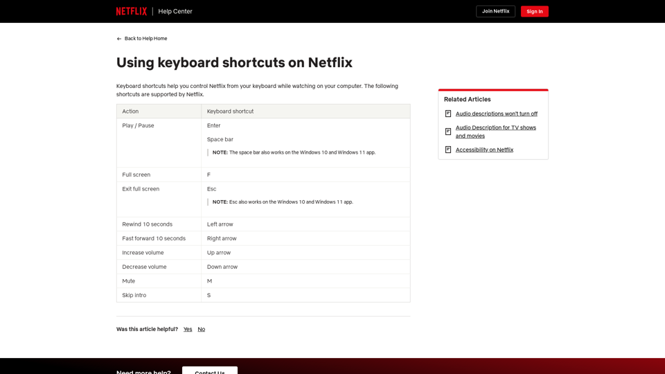 Using keyboard shortcuts on Netflix | Netflix Help Center