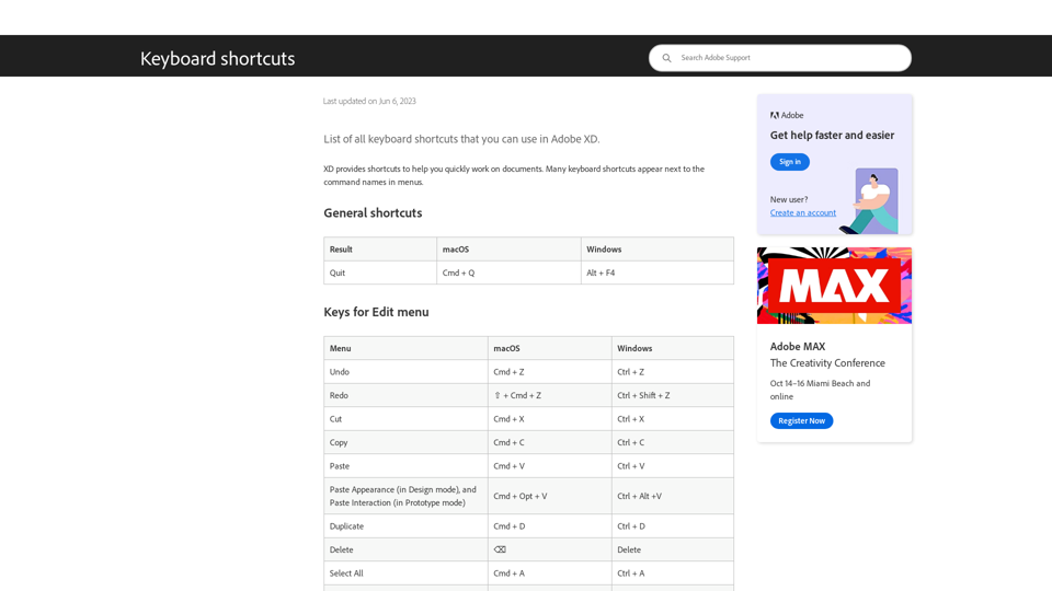 List of all keyboard shortcuts that you can use in Adobe XD.