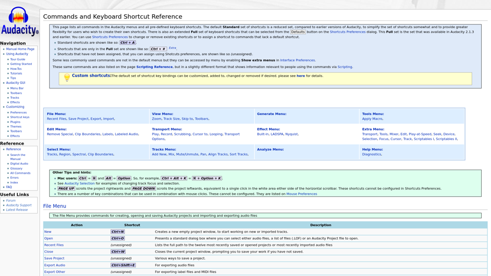 Commands and Keyboard Shortcut Reference - Audacity Manual