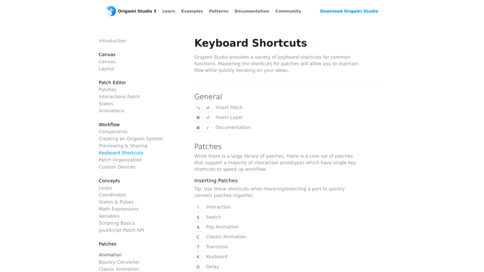 Origami Studio — Keyboard Shortcuts