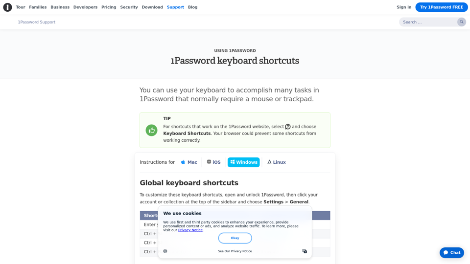 1Password keyboard shortcuts