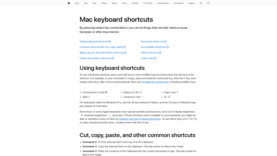 Mac keyboard shortcuts - Apple Support