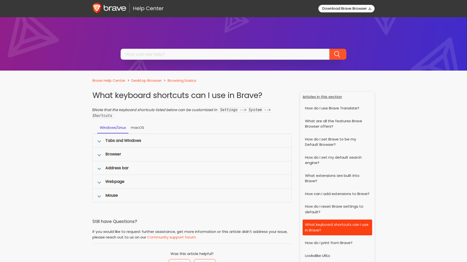 What keyboard shortcuts can I use in Brave? – Brave Help Center