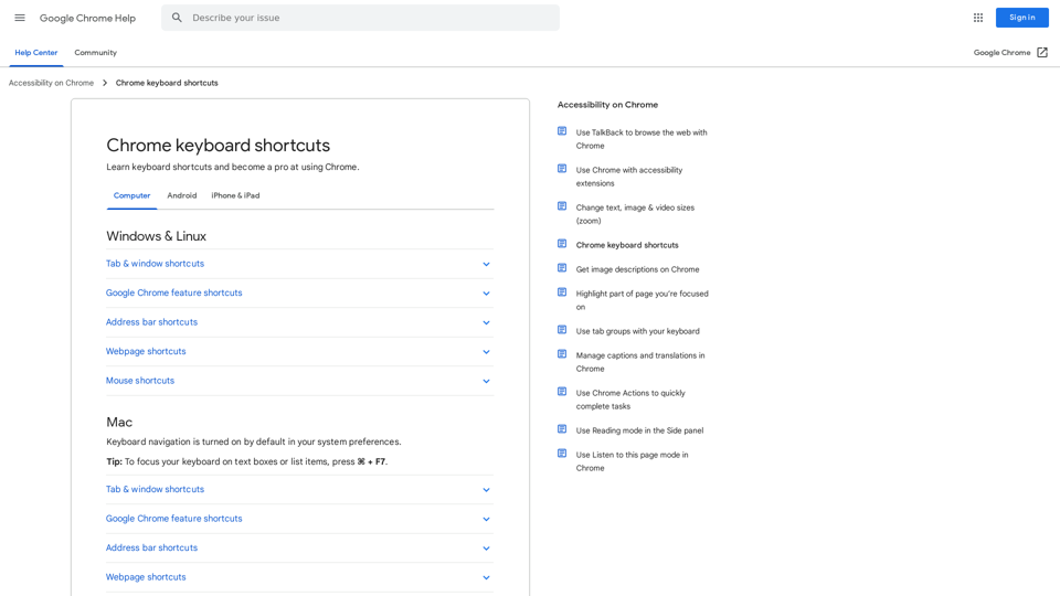 Chrome keyboard shortcuts - Computer - Google Chrome Help