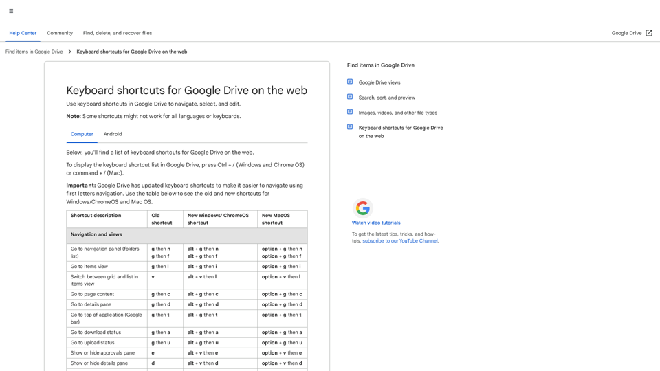 Keyboard shortcuts for Google Drive on the web - Computer - Google Drive Help