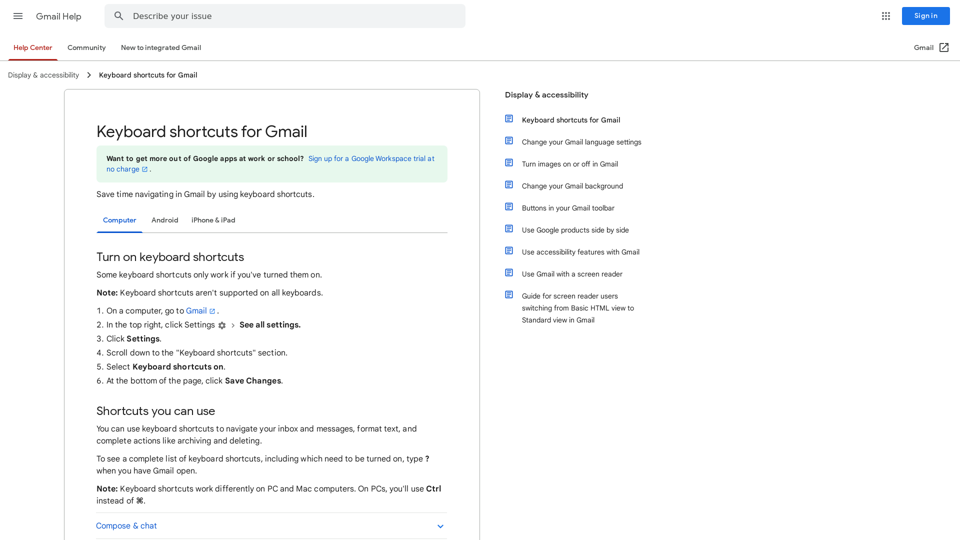 Keyboard shortcuts for Gmail - Computer - Gmail Help