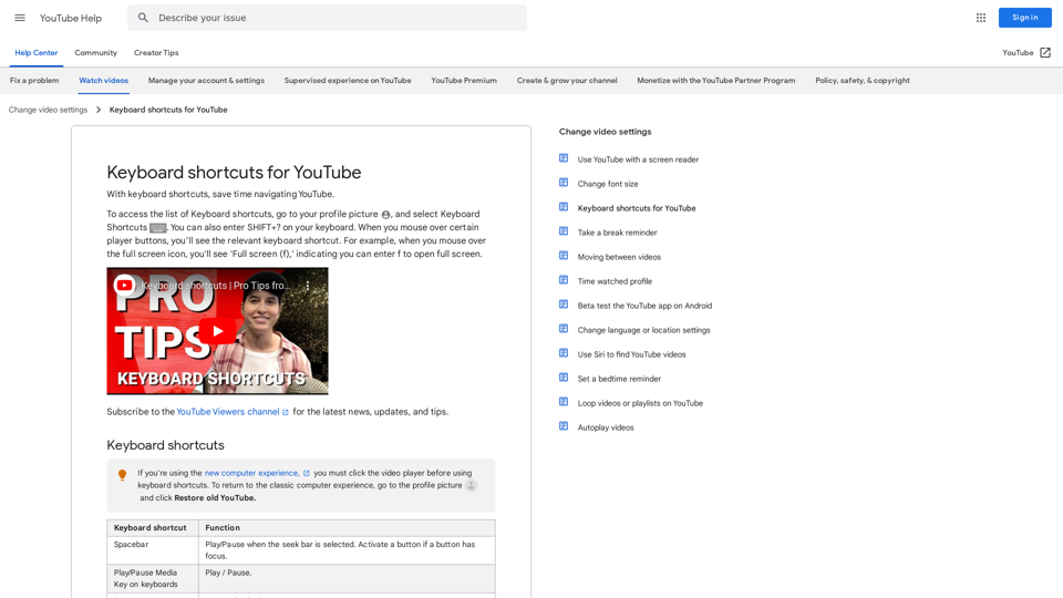 Keyboard shortcuts for YouTube - YouTube Help