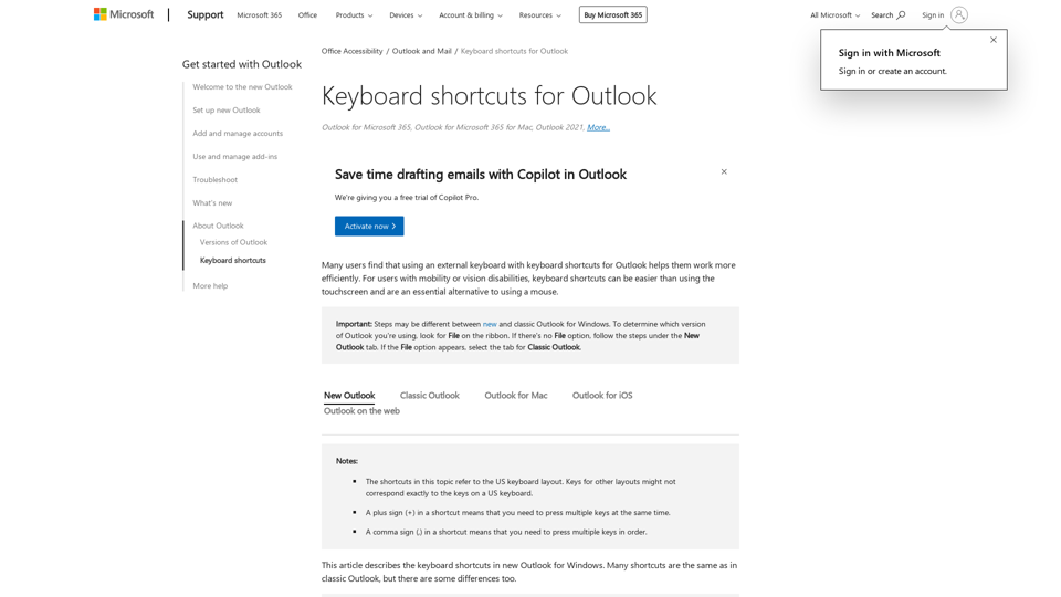 Keyboard shortcuts for Outlook - Microsoft Support