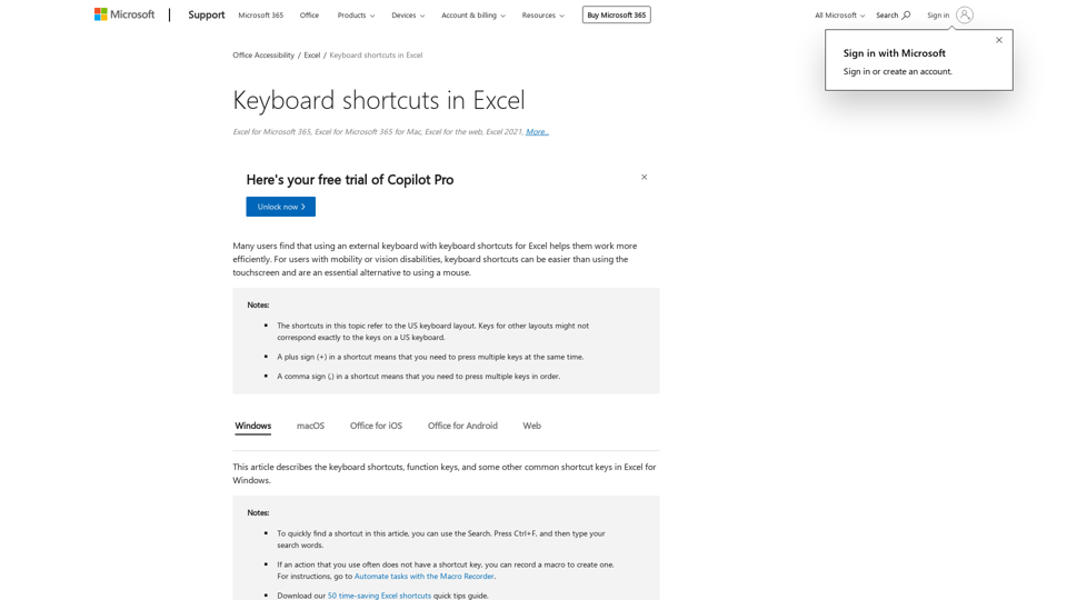 Keyboard shortcuts in Excel - Microsoft Support