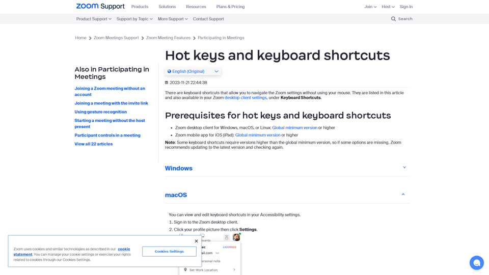 Hot keys and keyboard shortcuts