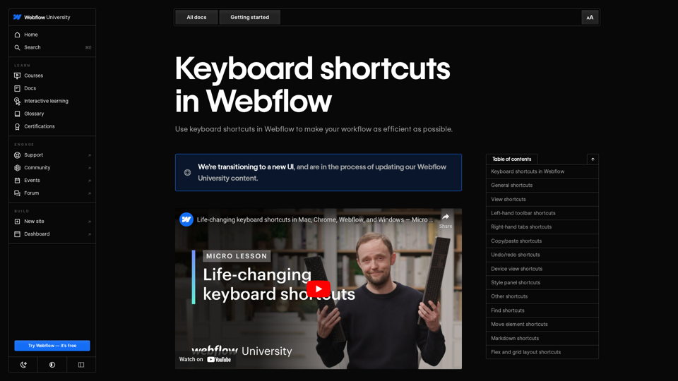 Keyboard shortcuts in Webflow - Webflow University Documentation